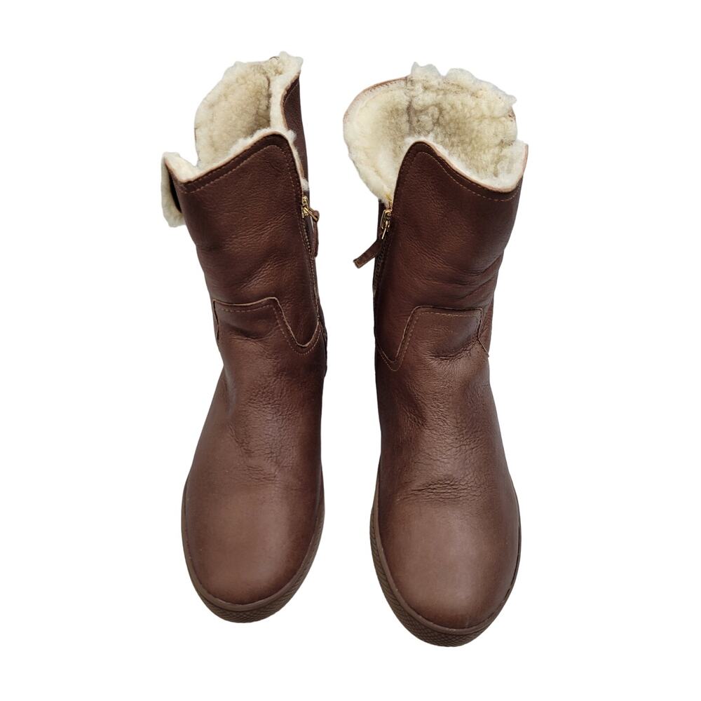 Elie Tahari Iris Brown Leather Boots Faux Fur Lining Size 39.5 (9) 61724-2683